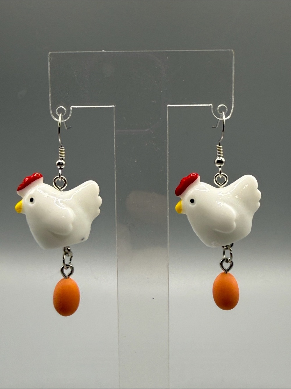 White Chicken Earrings with Orange Egg Earrings - Handmade #E0511C